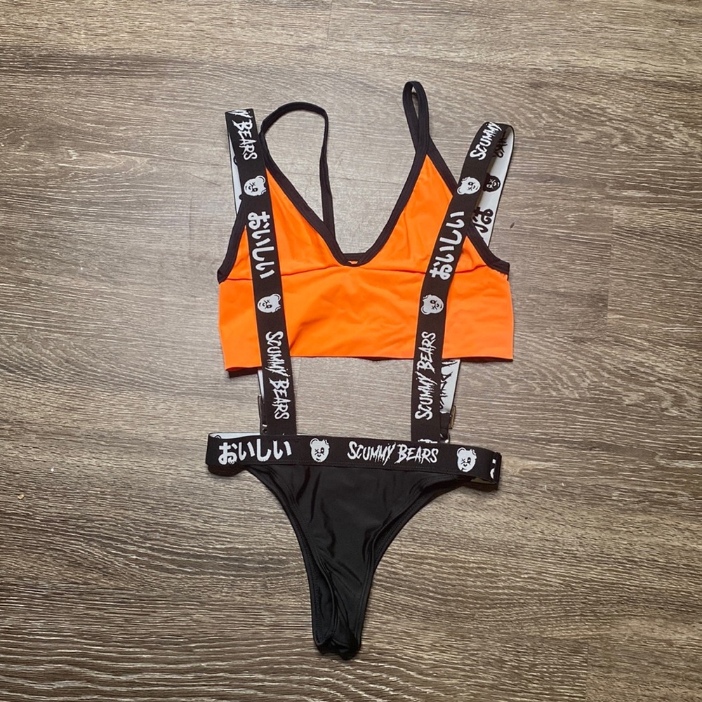 Black and orange Scummy Bears suspender rave set